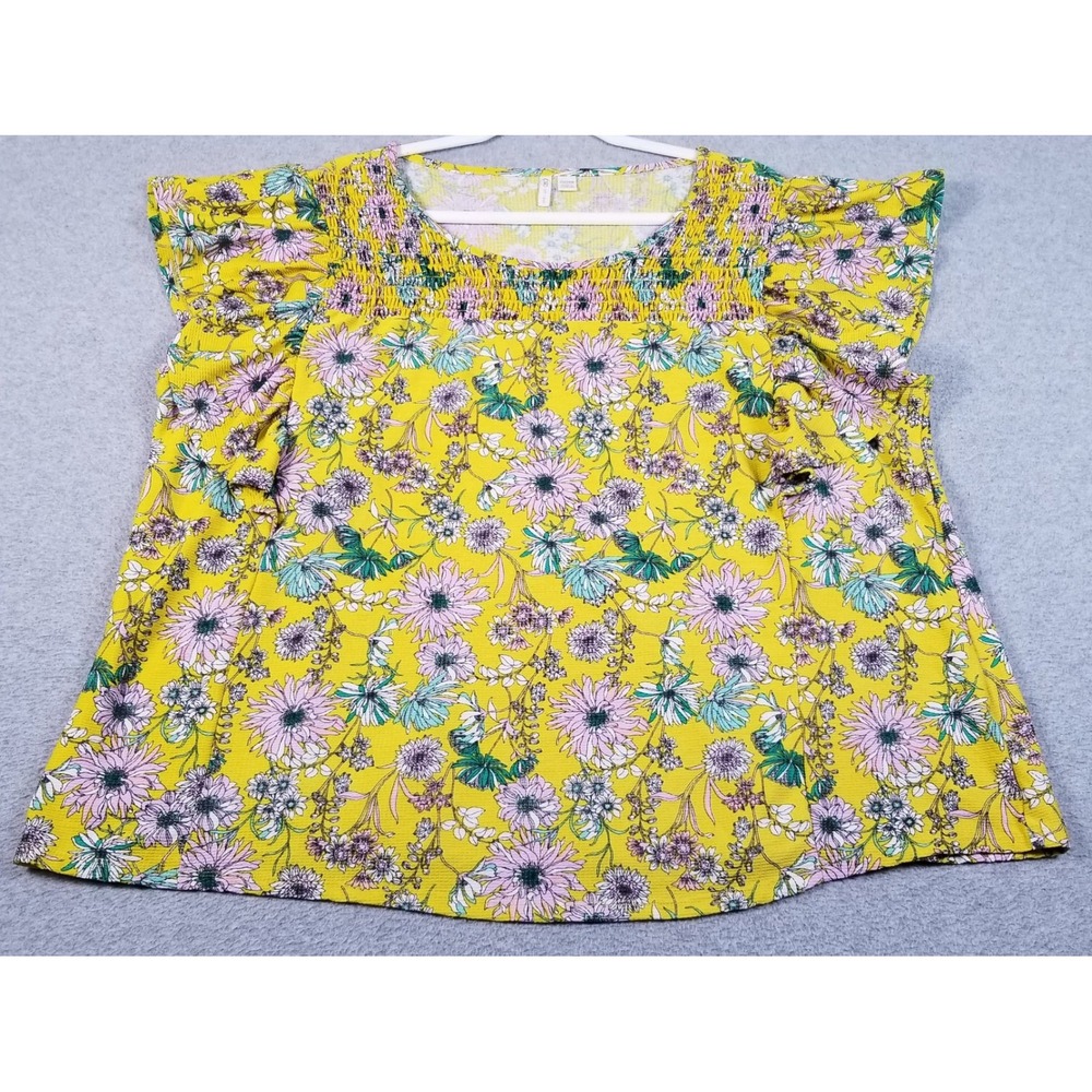 Cato Blouse Womens 22W 24W Plus Yellow Pink Floral Smocked Ruffle Sleeve Spring